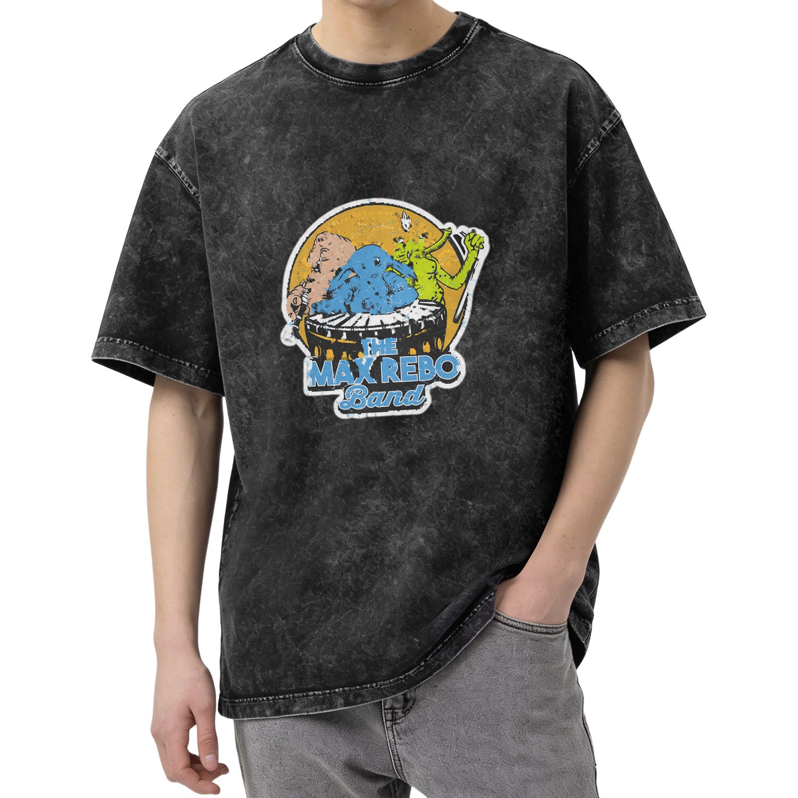 Distressed black short-sleeved T-shirt Star Wars Max Rebo Band band printed top