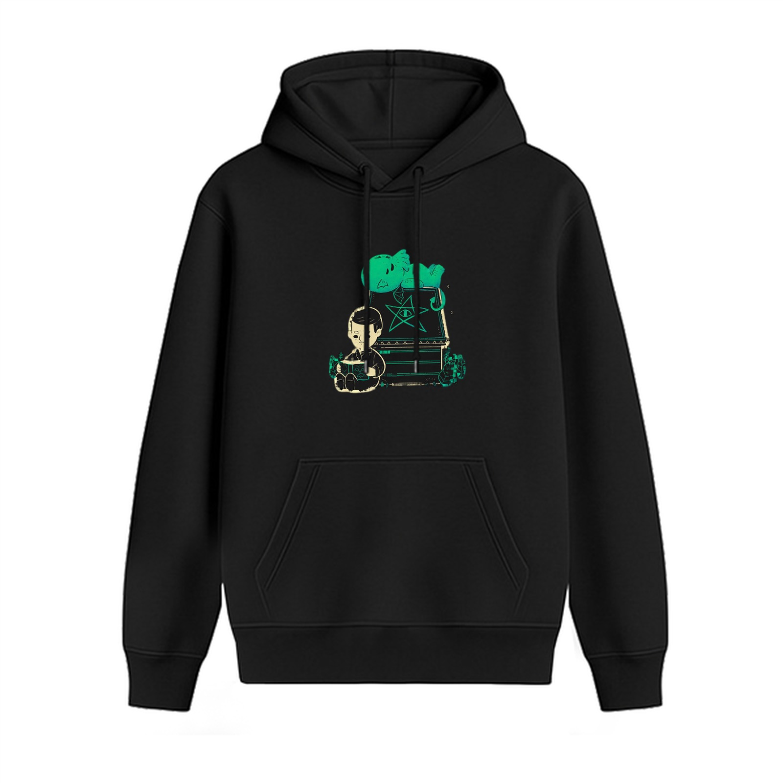 Black Hoodie With Occult Themed Cartoon Print Design