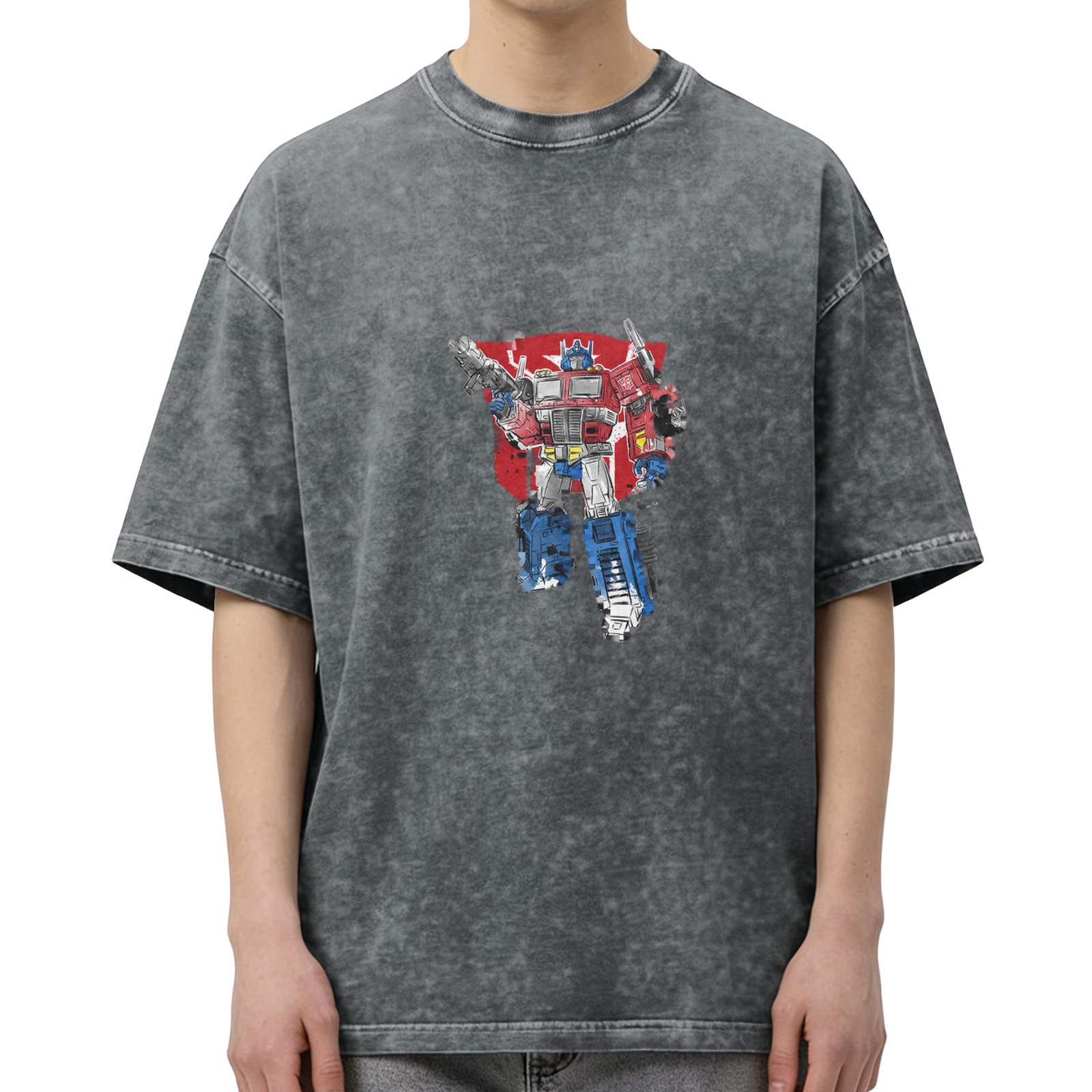 Washed distressed black Optimus Prime graphic short-sleeved T-shirt