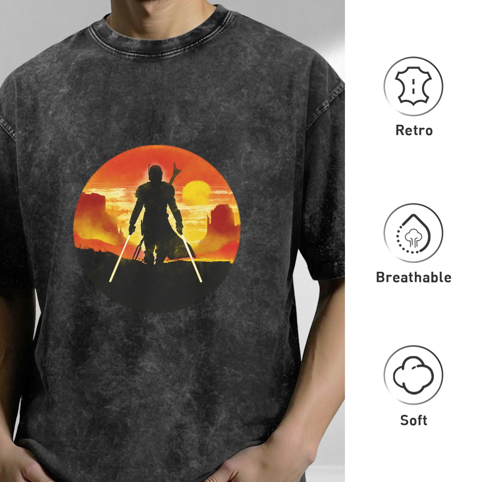 Washed Black T-Shirt with Mandalorian Sunset Silhouette Print