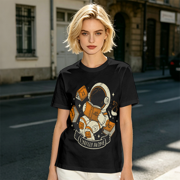 Astronaut Reading Book 'Finally Alone' Graphic T-Shirt Design