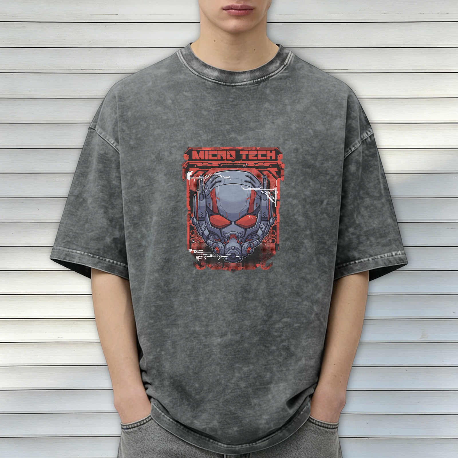 Oversized Acid Wash T-Shirt with Ant-Man Micro Tech Graphic