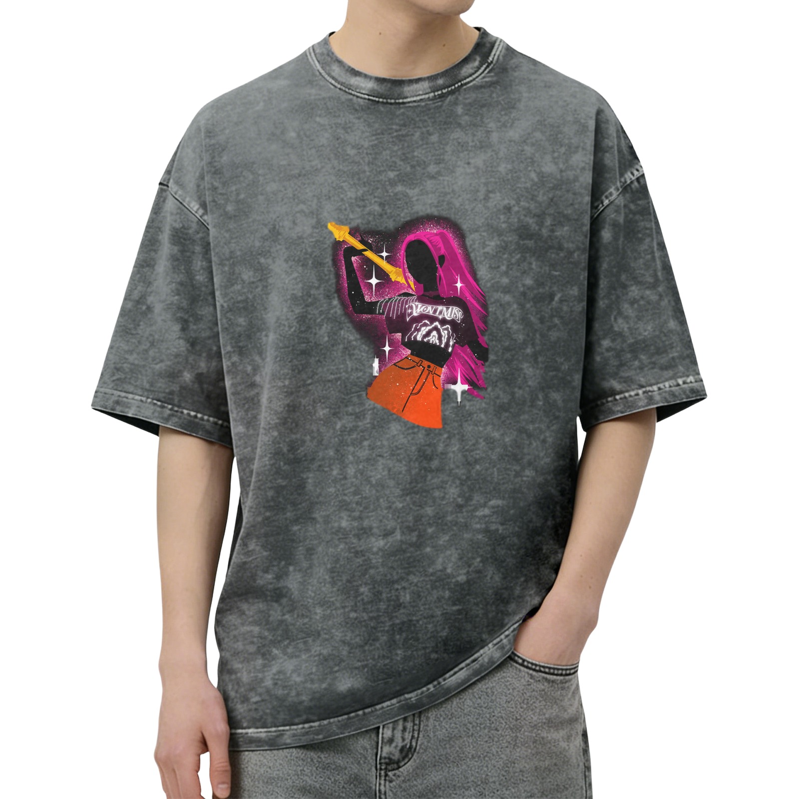 Washed black oversized graphic t-shirt with rock star silhouette print
