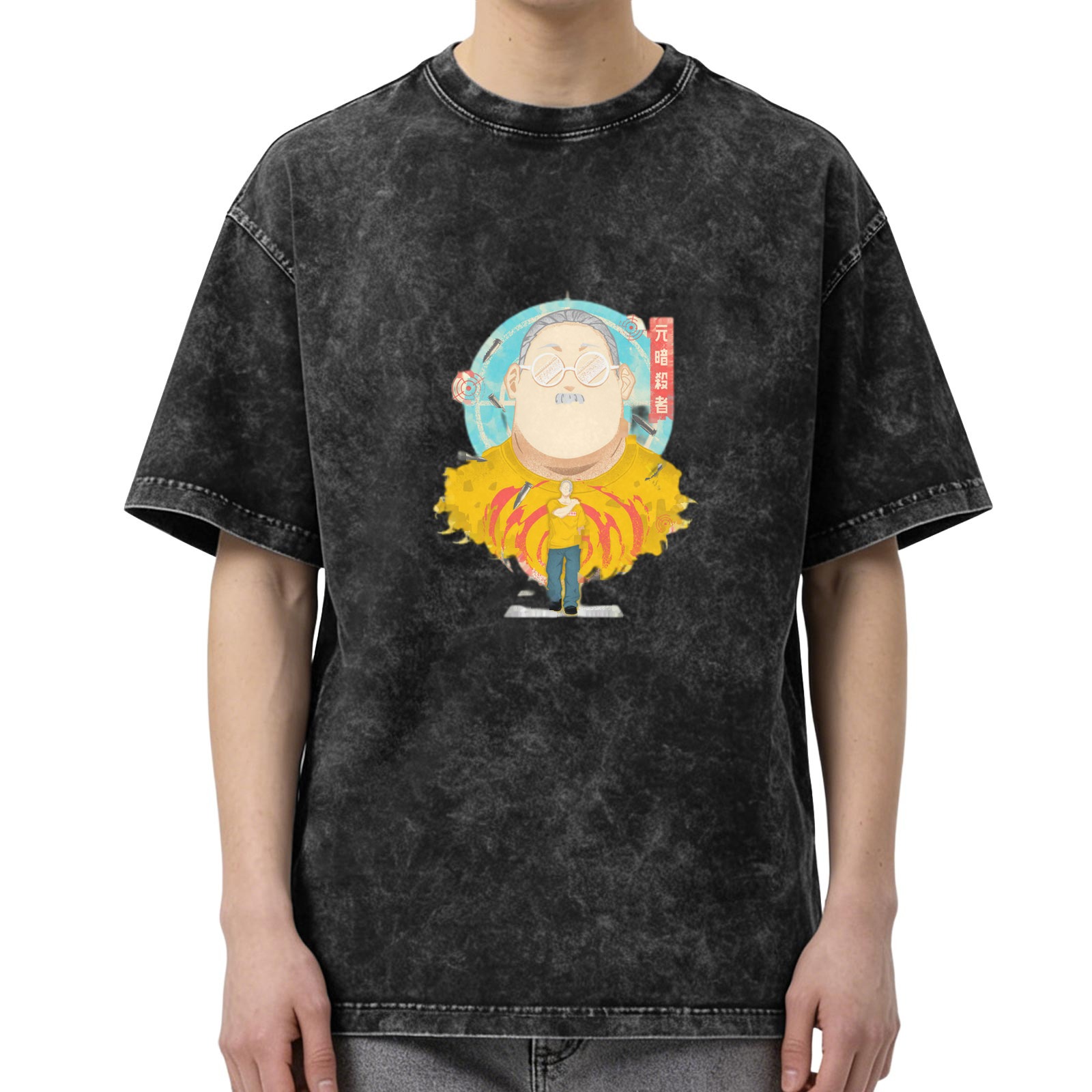 Oversized Black Washed T-Shirt with Anime Graphic Print