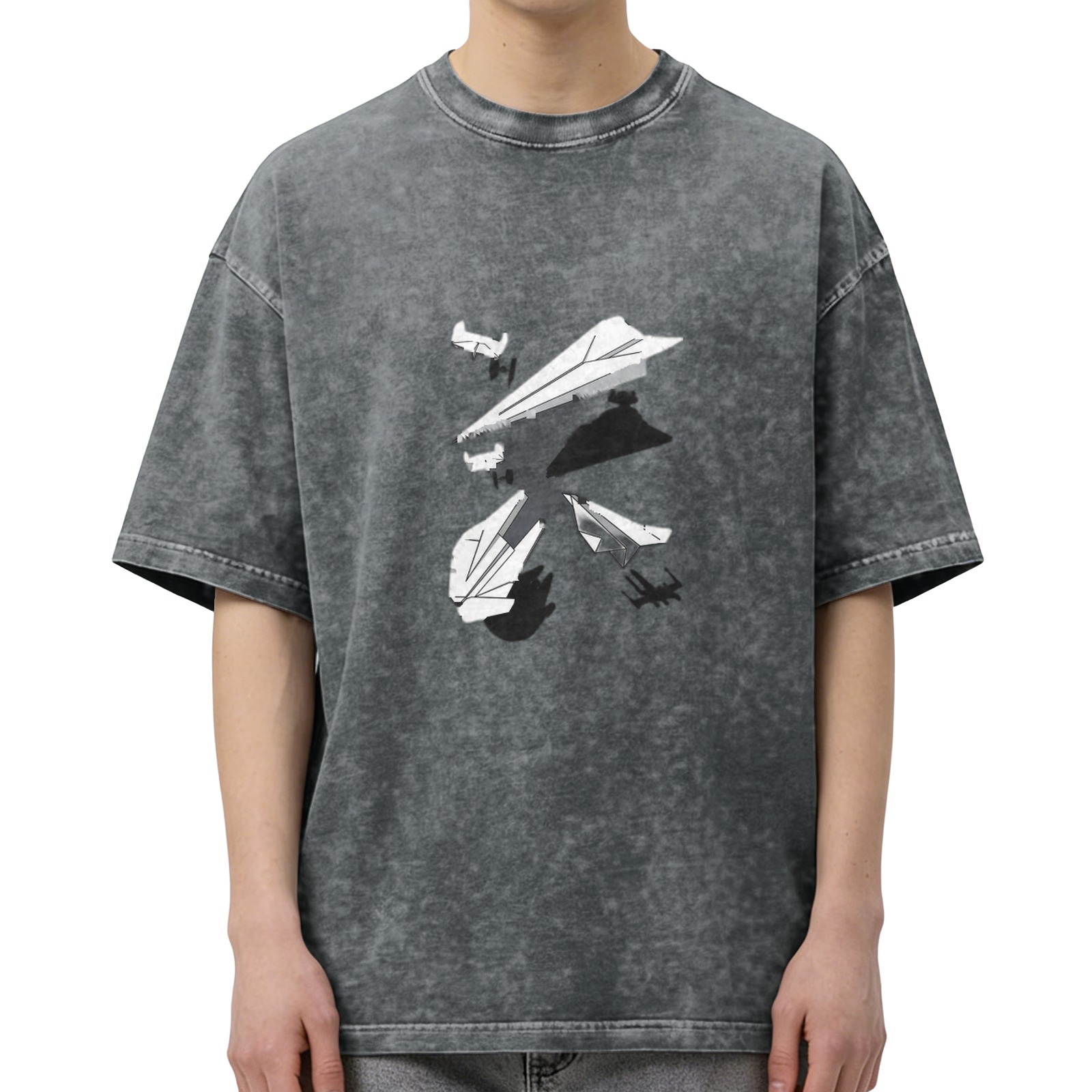Oversized Acid Wash T-Shirt with Broken Paper Plane Graphic Print