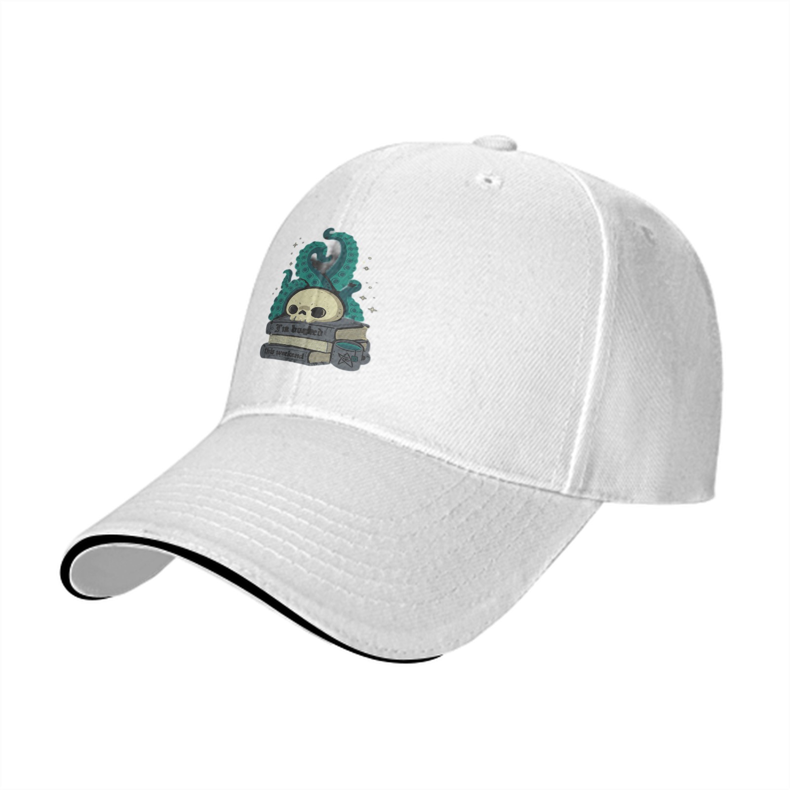 Black baseball cap with skull tentacle book graphic design