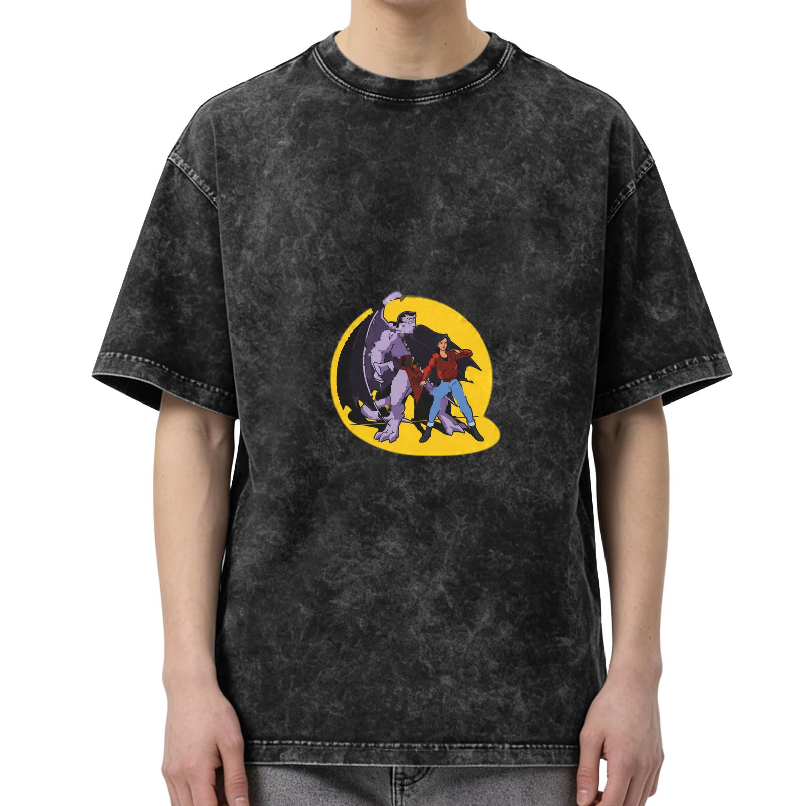 Washed Black T-Shirt with Gargoyles Cartoon Character Graphic