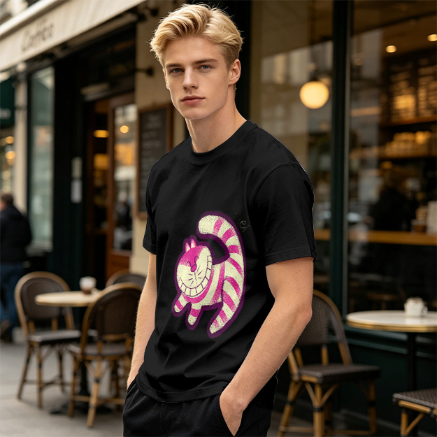 Olive T-Shirt with Cheshire Cat Graphic Print