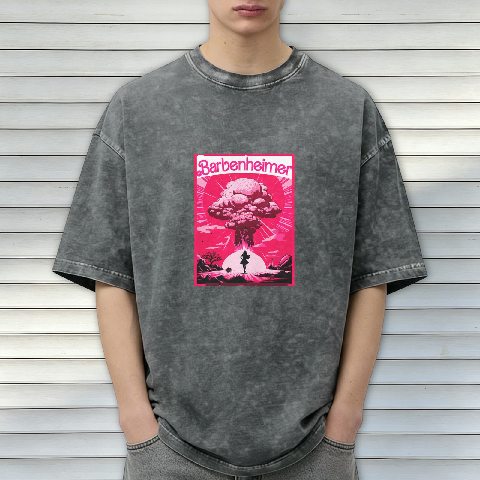 Barbenheimer Mushroom Cloud Graphic on Acid Wash Black T-Shirt