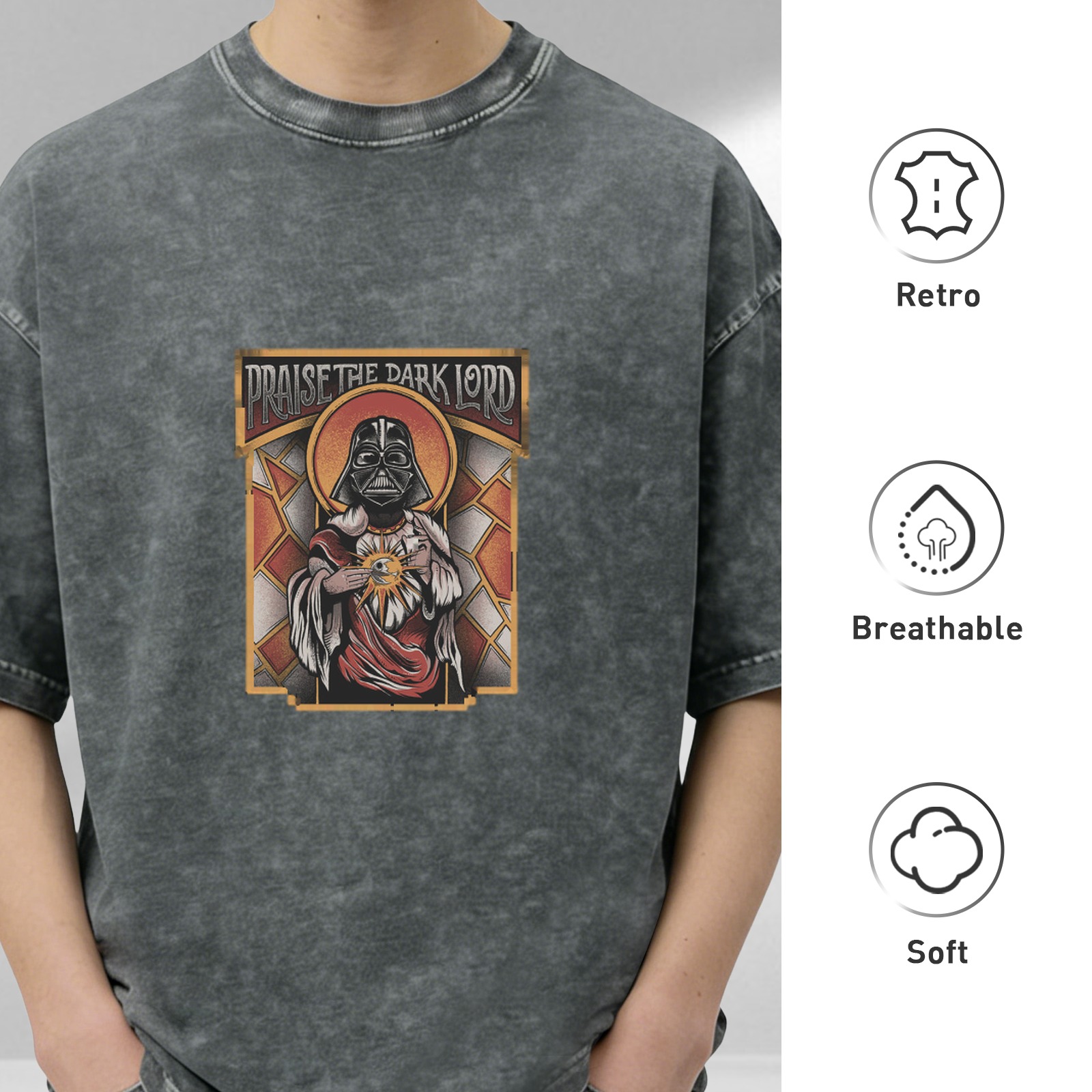 Washed Black T-Shirt with Praise the Dark Lord Darth Vader Graphic