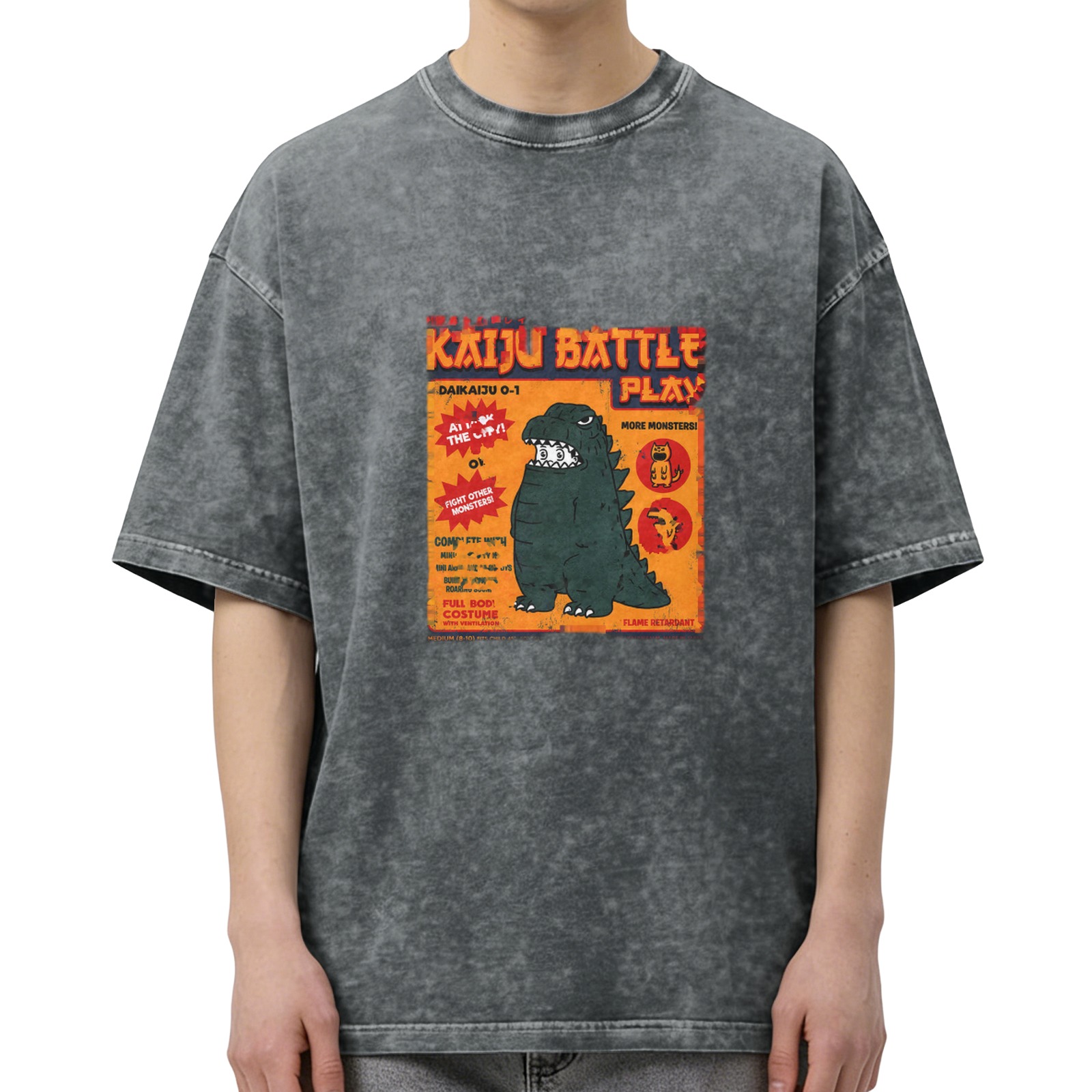 Kaiju Battle Play Graphic Oversized Acid Wash T-Shirt