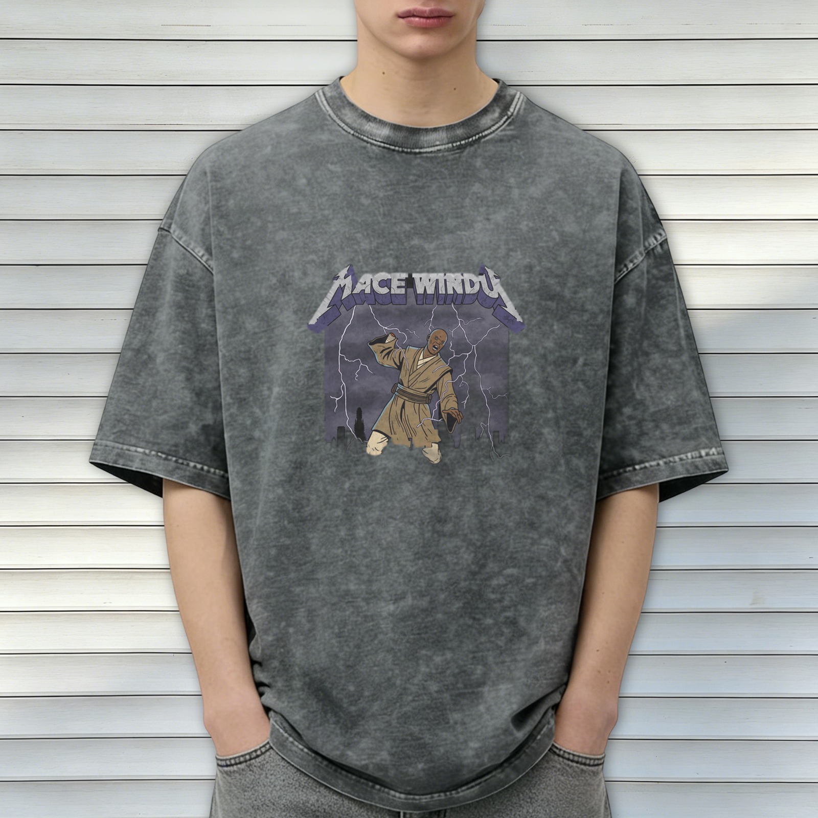 Mace Windu Lightning Graphic Acid Wash T-Shirt
