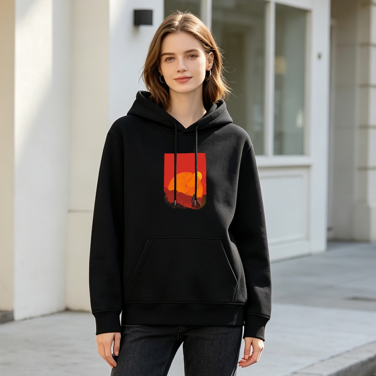 Black Hoodie with Dual Sunset Desert Landscape Graphic