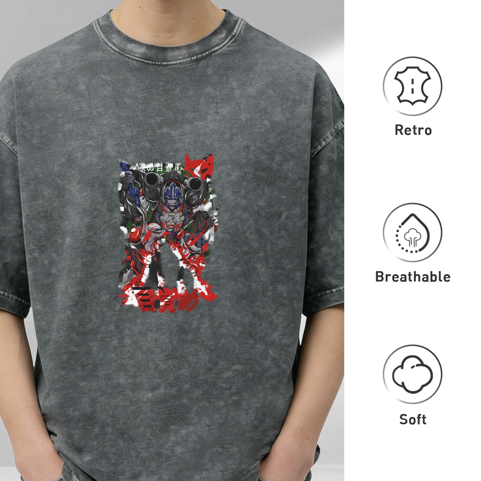 Washed Black Oversized T-Shirt with Anime Graphic Print