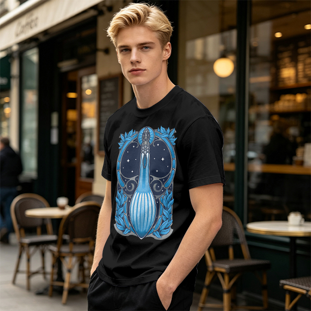 Olive T-Shirt With Art Nouveau Celestial Lute Graphic Print