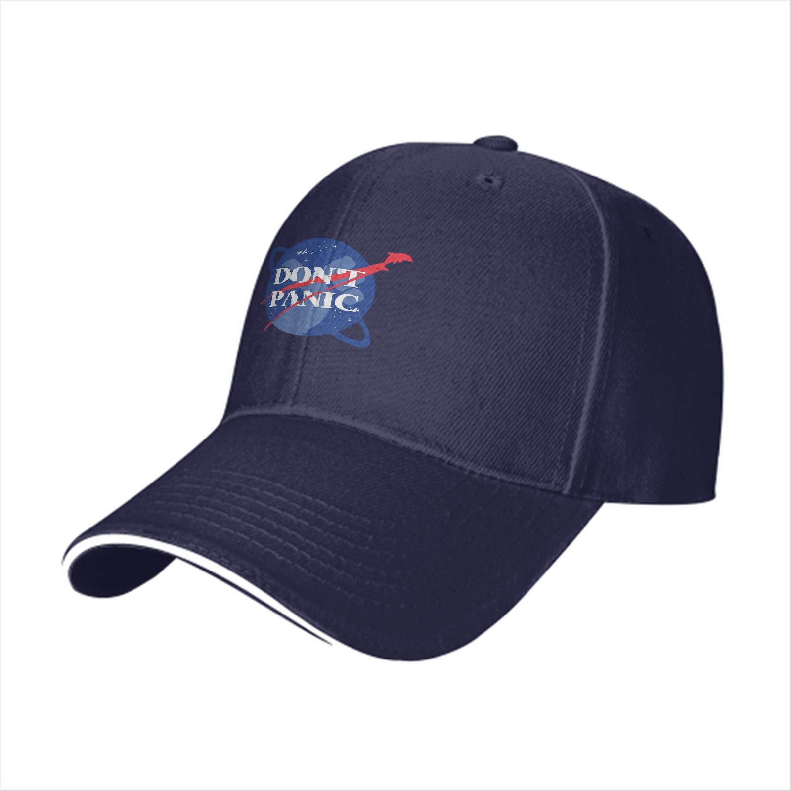 Black baseball cap with Don't Panic NASA-style space graphic