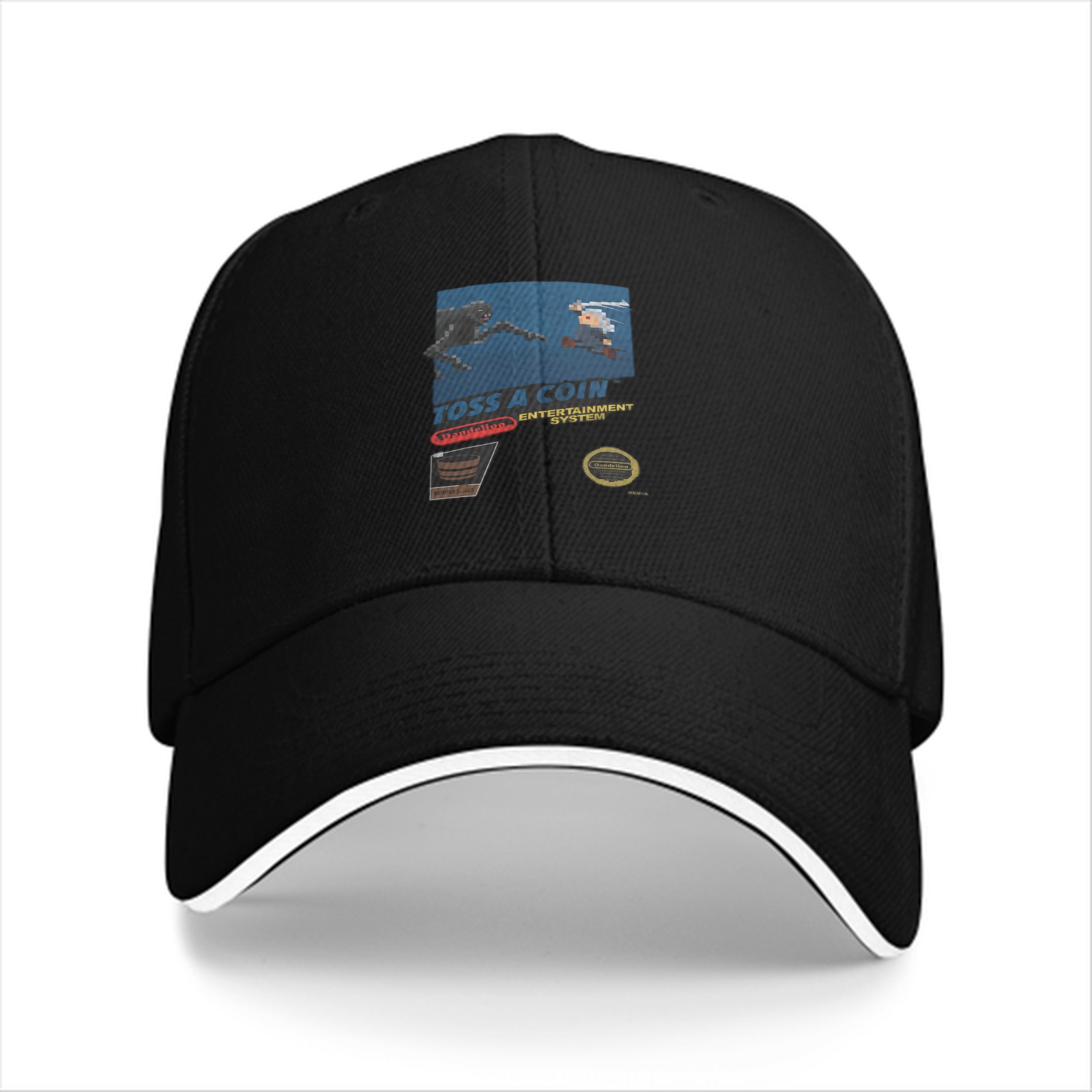 Black baseball cap with retro gaming themed graphic print