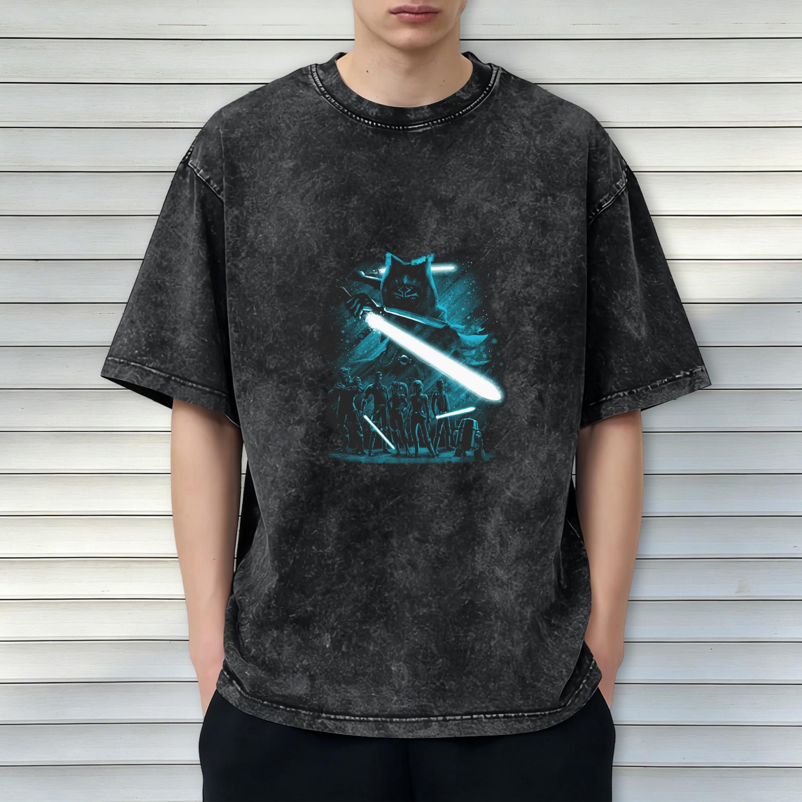 Star Wars Inspired Graphic Print Acid Wash Short Sleeve T-Shirt