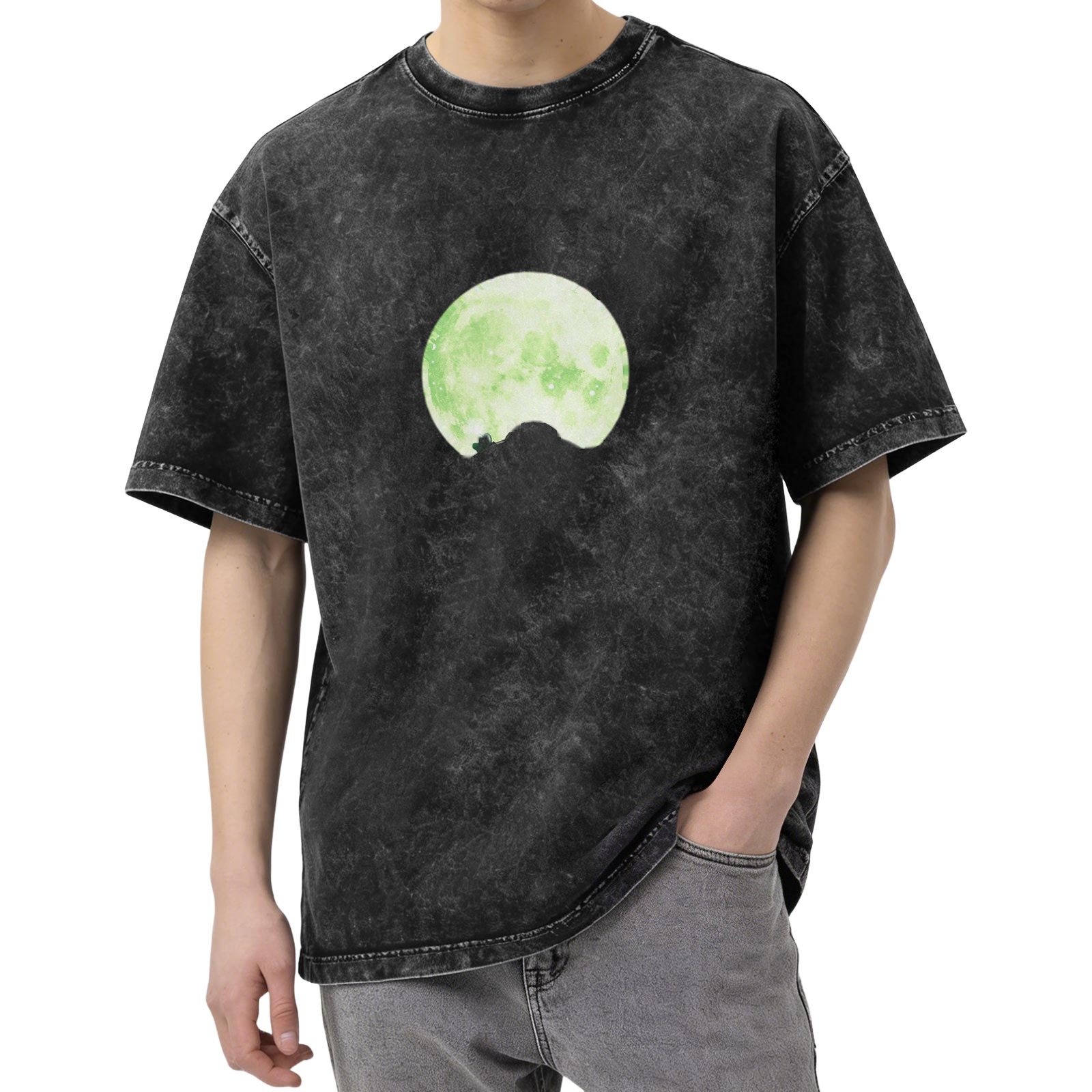 Oversized Acid Wash T-Shirt With Glowing Green Moon Print