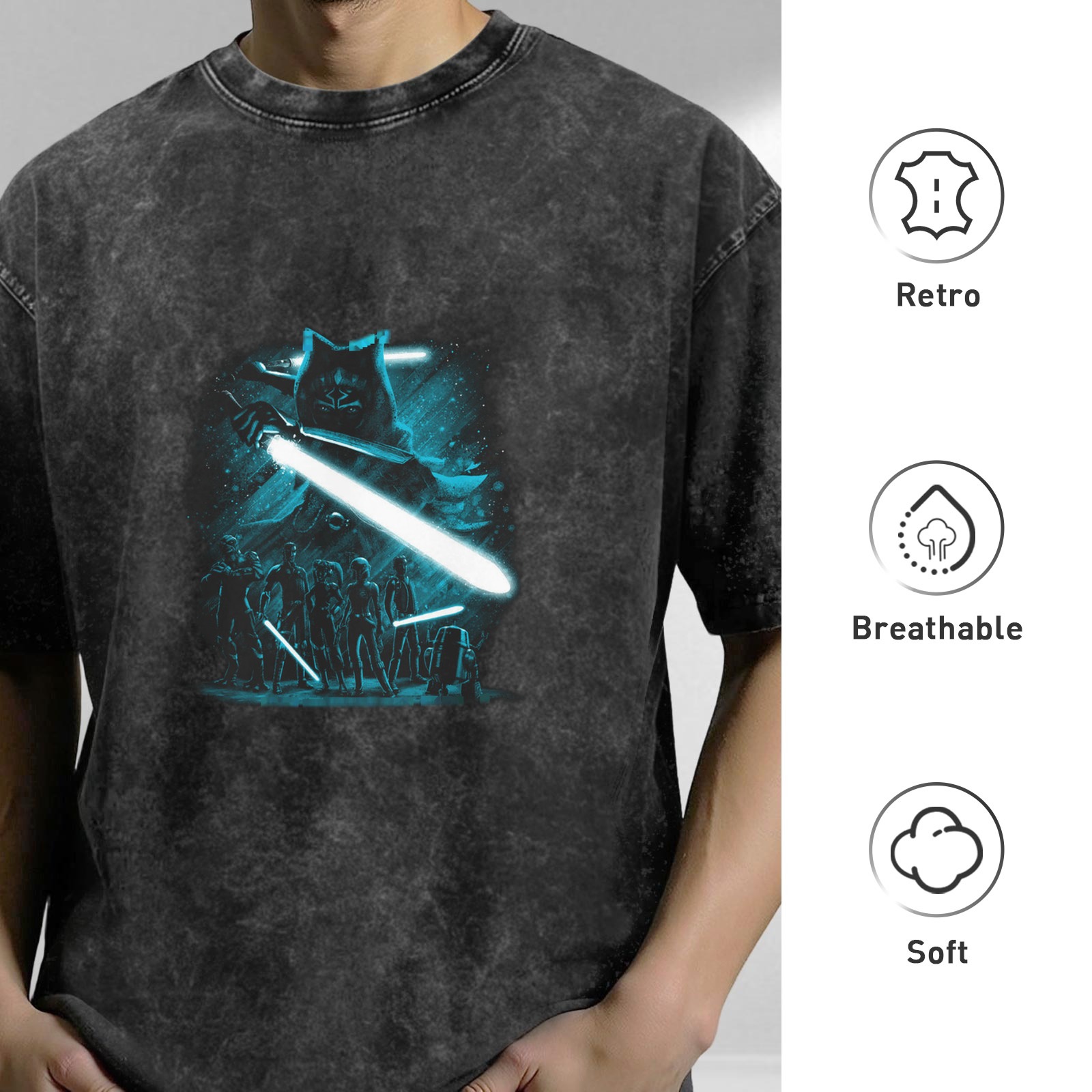 Star Wars Inspired Graphic Print Acid Wash Short Sleeve T-Shirt