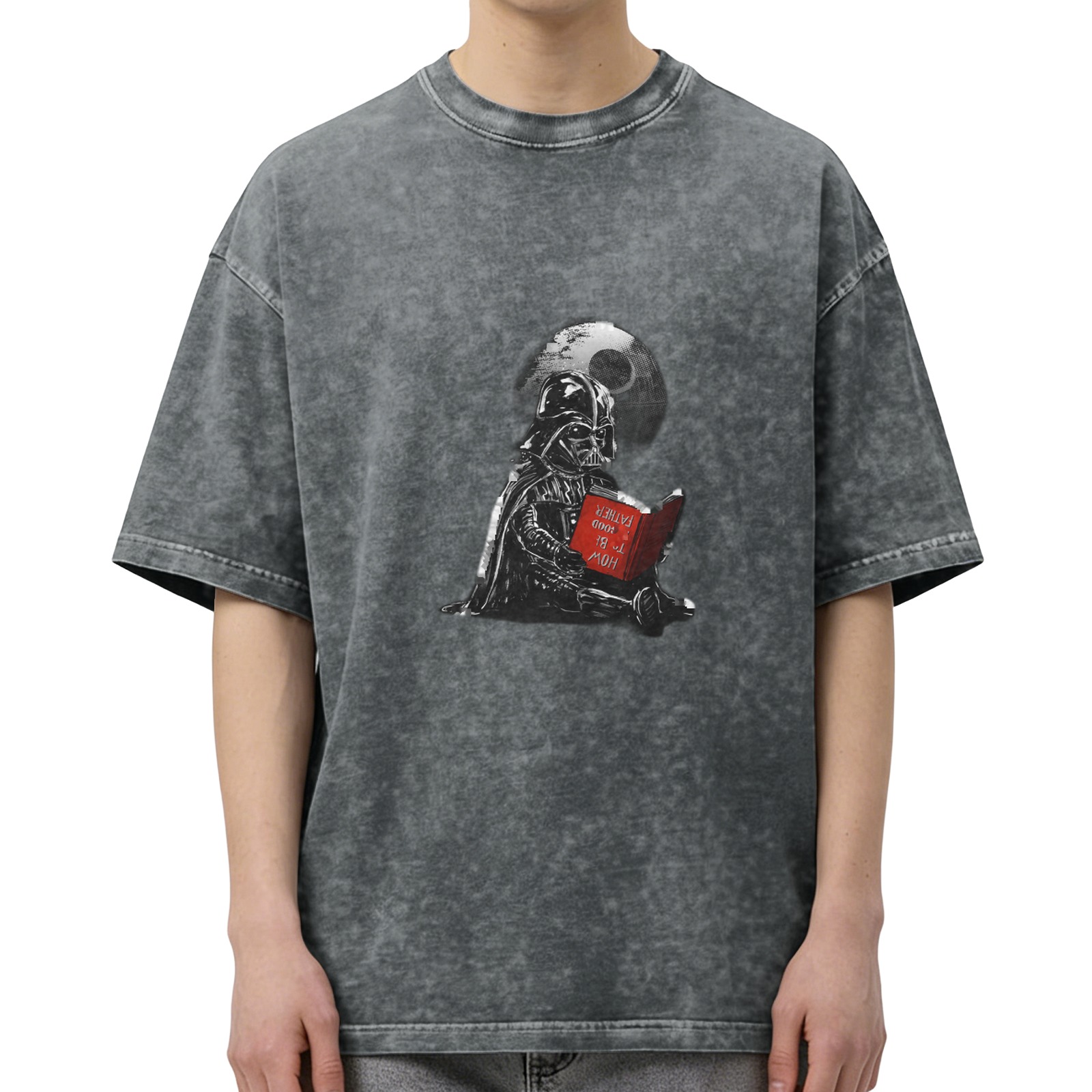 Washed black t-shirt with Darth Vader reading how to be a good father