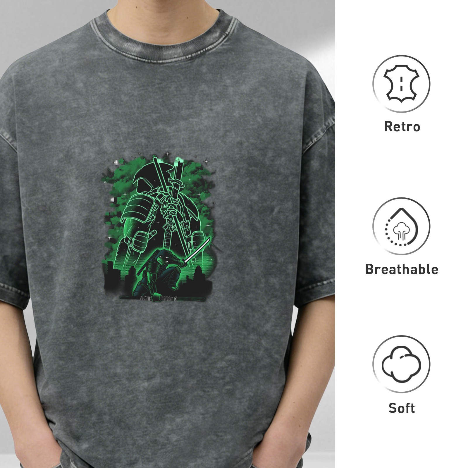 Washed Black T-Shirt with Neon Green Samurai Turtle Graphic