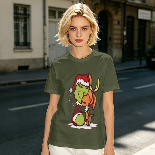 Olive Christmas T-Shirt Featuring Grinch Hugging Max The Reindeer