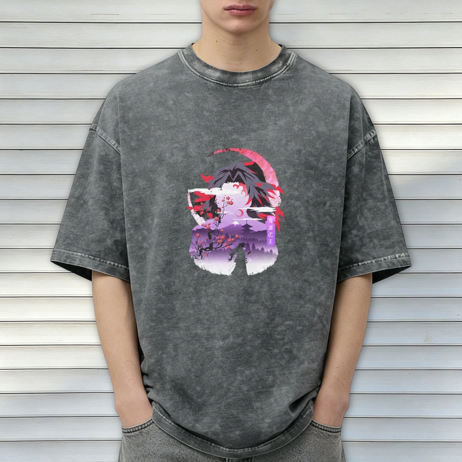 Oversized dark washed anime graphic t-shirt with samurai and cherry blossom design