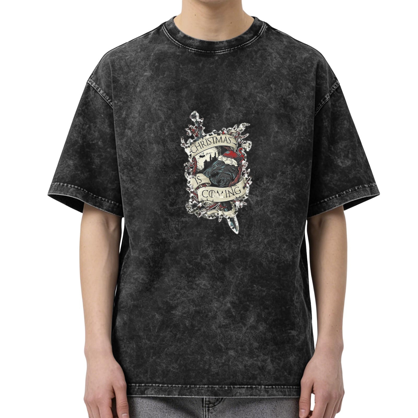 Washed Black Graphic T-Shirt with Christmas Is Coming Design