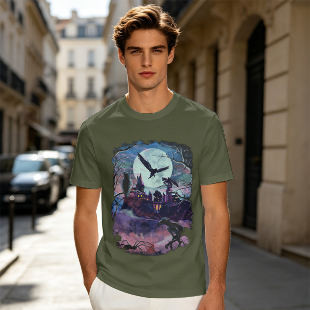 Olive T-Shirt With Haunted Mansion Moon Raven Night Art Print