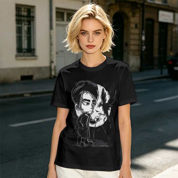 Olive T-Shirt with Chibi Dark Character and Crow Print