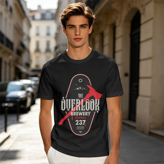 Olive green t-shirt with The Overlook Brewery axe graphic
