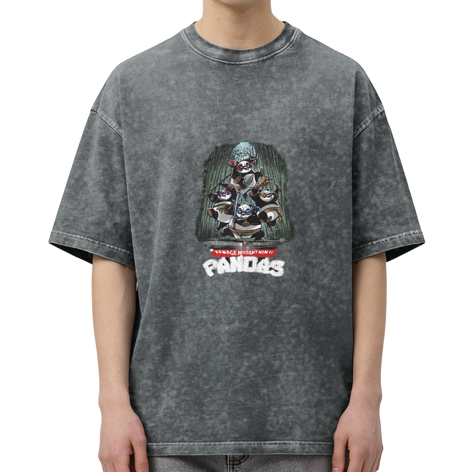 Oversized Washed Black T-Shirt with Teenage Mutant Ninja Pandas Graphic Print