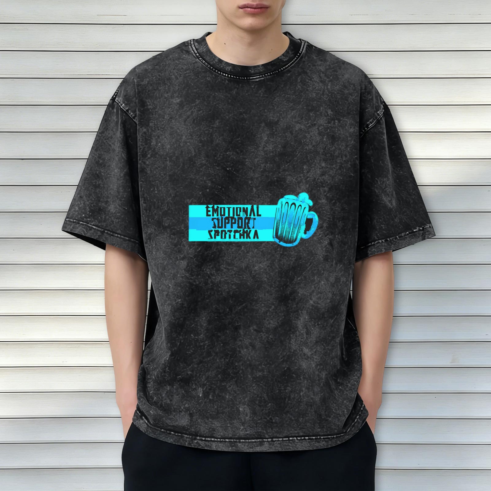 Oversized Acid Wash T-Shirt With Emotional Support Spotchka Beer Mug Print