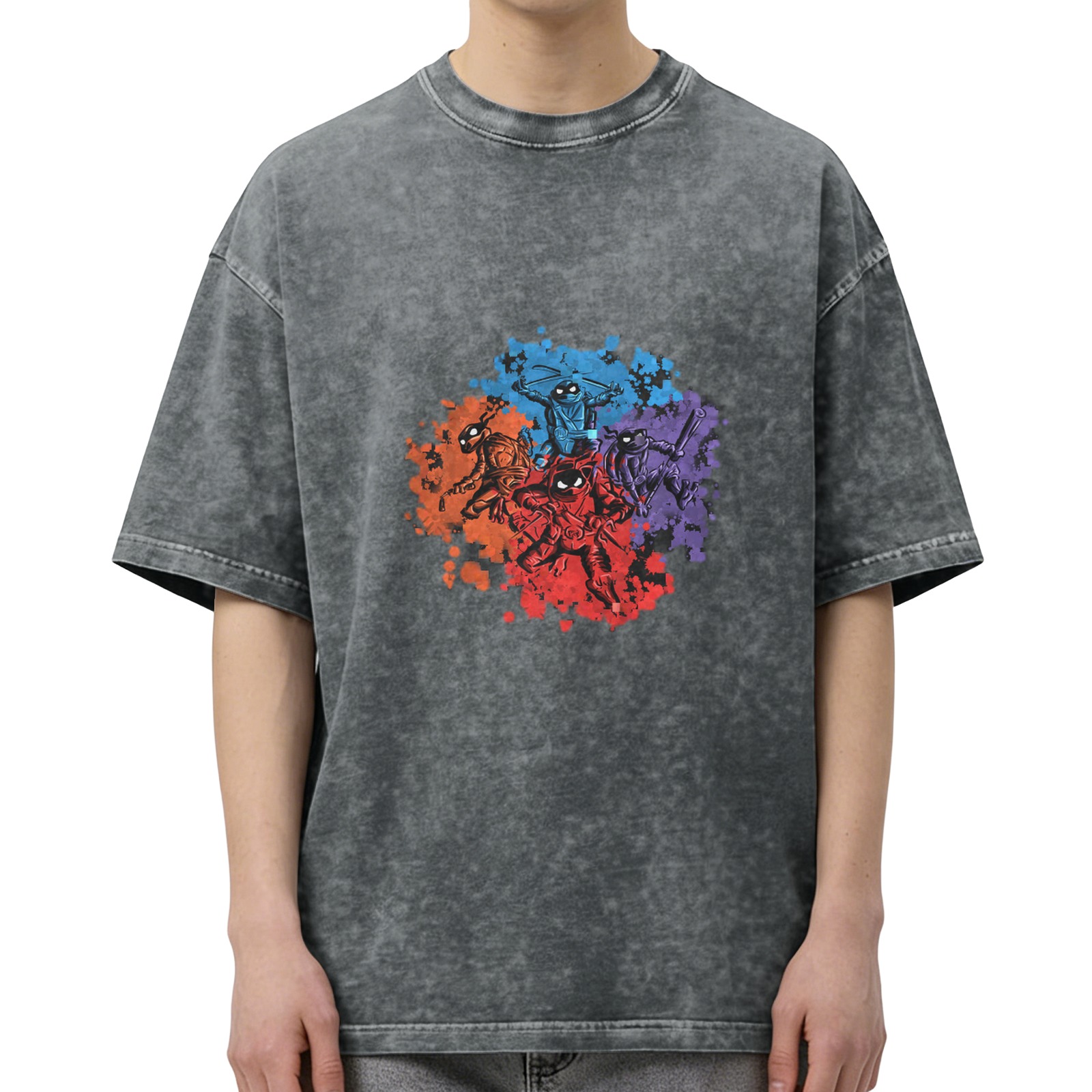 Washed Black T-Shirt With Ninja Turtle Splatter Graphic