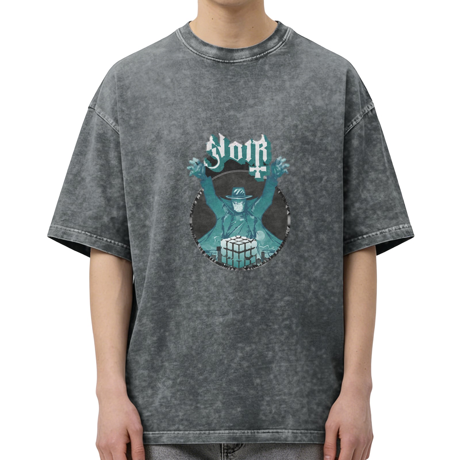 Washed black graphic t-shirt with noir villain and cube design