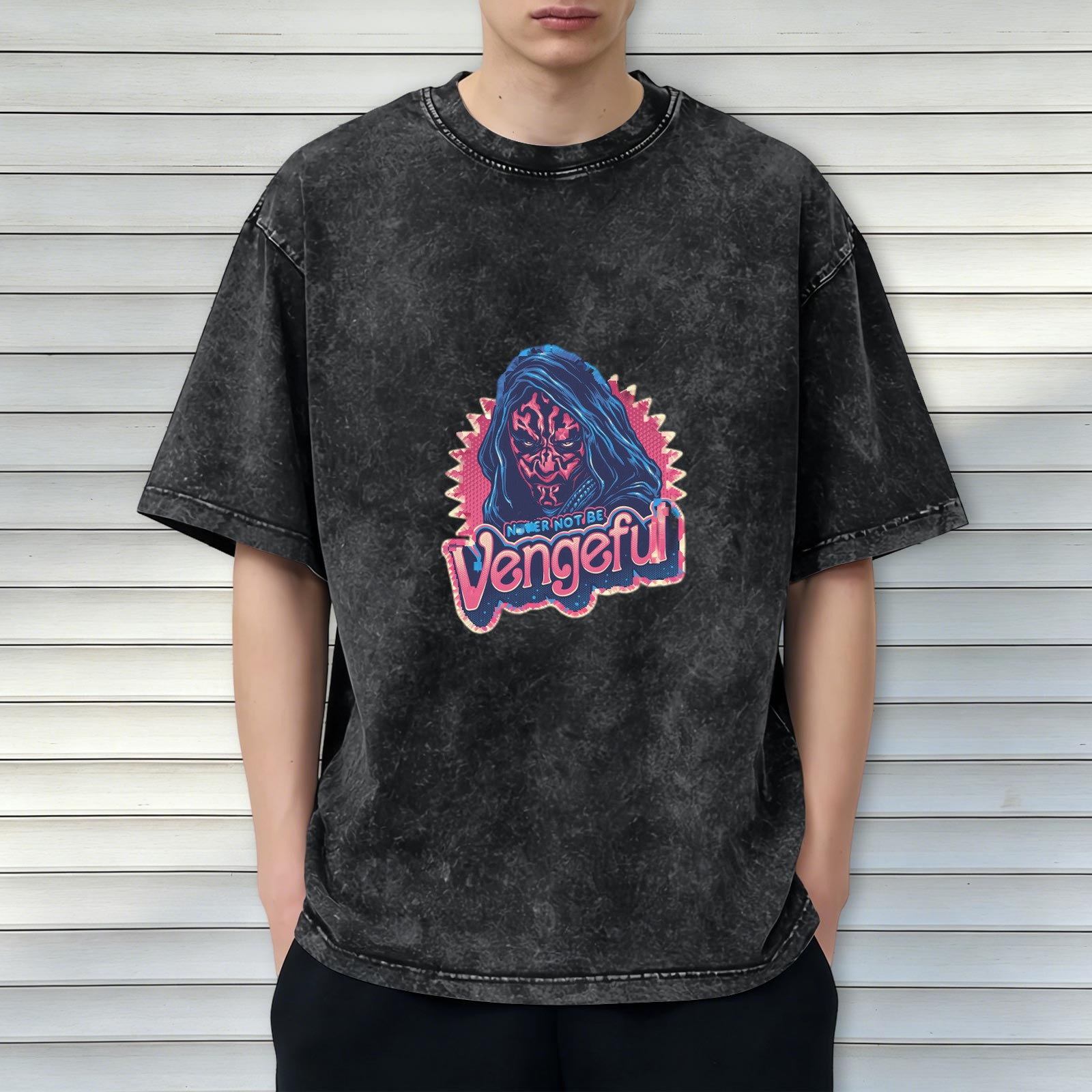 Oversized Acid Wash T-Shirt With Vengeful Dark Hooded Character Print