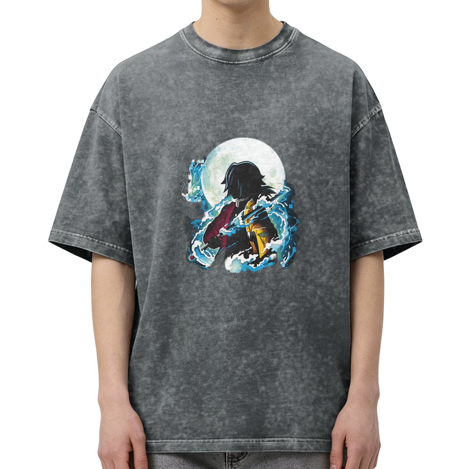 Demon Slayer: Kimetsu no Yaiba Tomioka Giyuu themed washed and distressed loose short-sleeved T-shirt