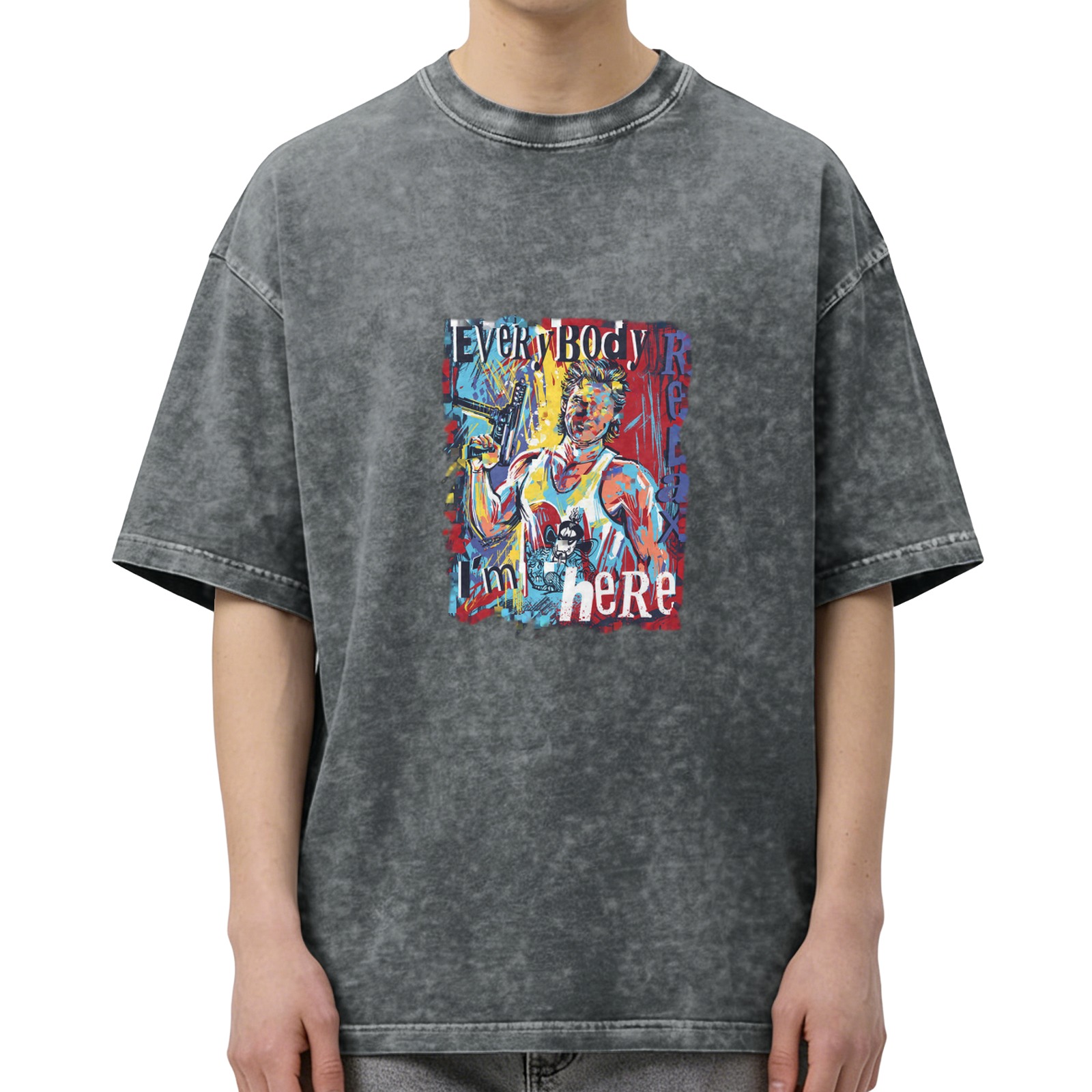 Washed Black Graphic T-Shirt with Everybody Relax I'm Here Art Print