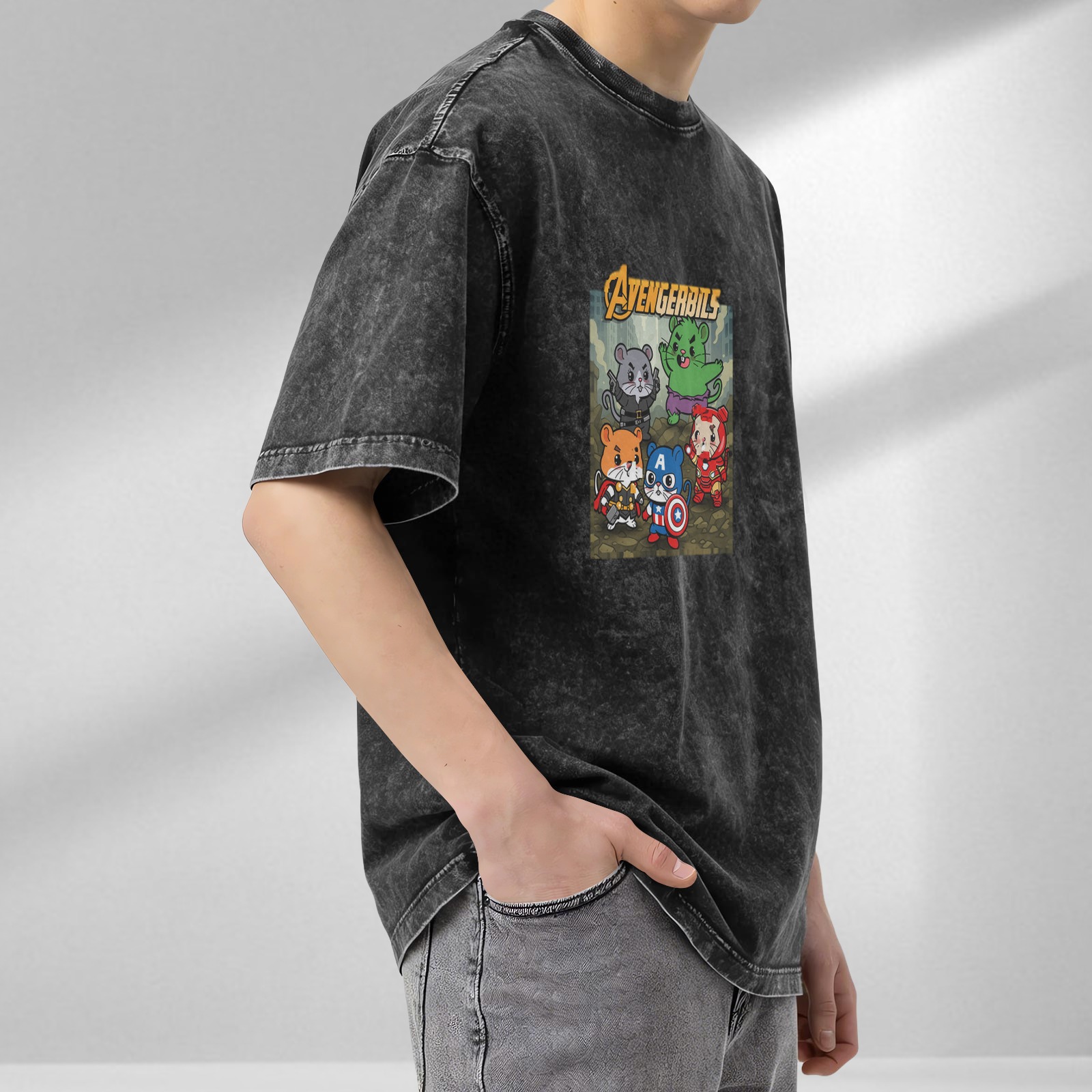 Avengerbils Hamster Superhero Graphic Acid Wash T-Shirt