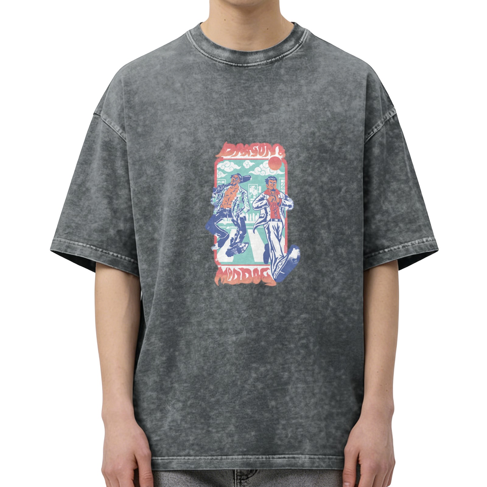 Vintage Washed Graphic T-Shirt with Retro Street Characters Print