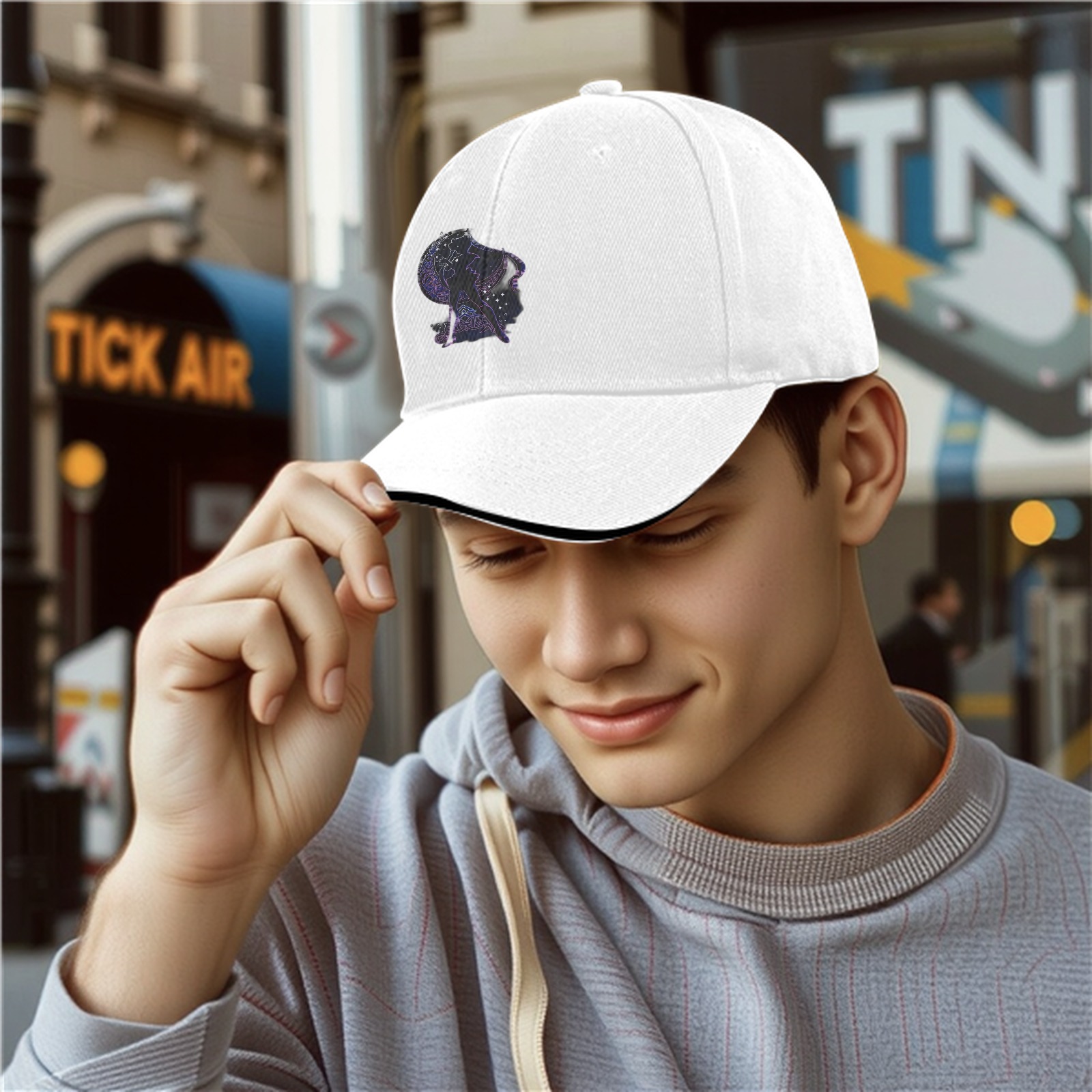 Black baseball cap with galaxy constellation silhouette graphic