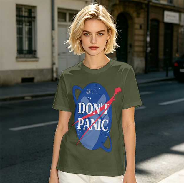 Olive green space-themed t-shirt with 'Don't Panic' print