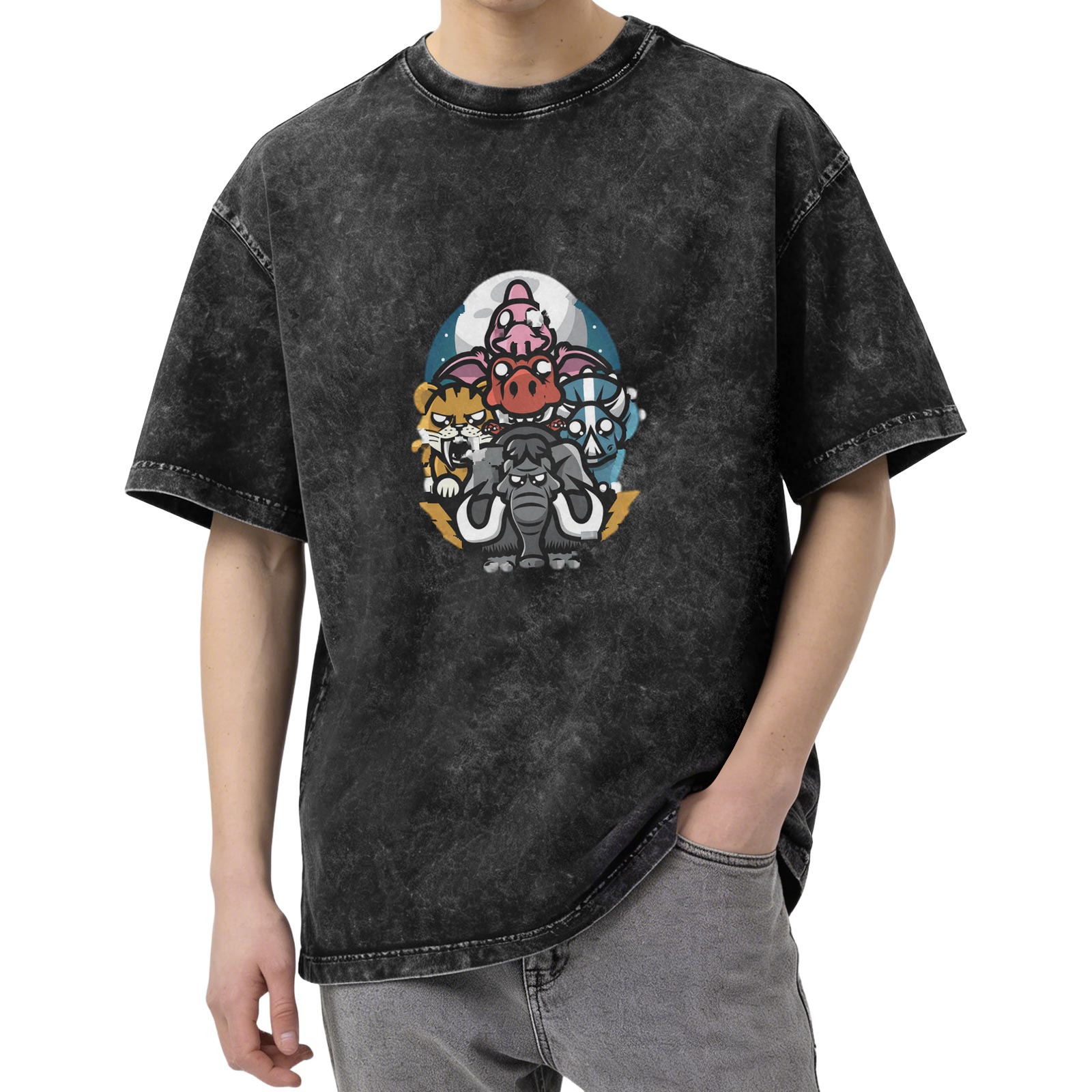 oversized acid wash t-shirt with cartoon prehistoric animal graphic