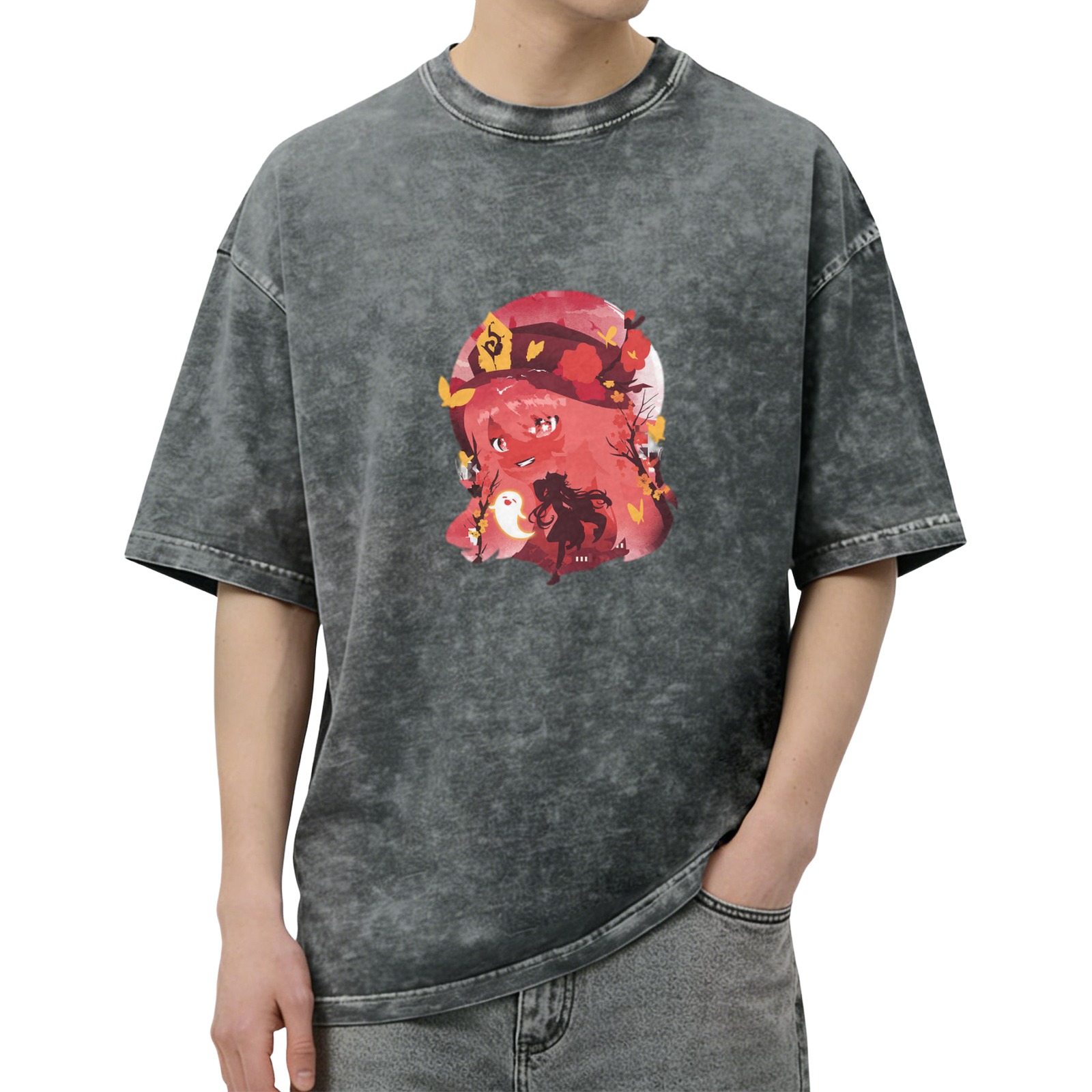 Anime Character Graphic Washed Black Oversized T-Shirt