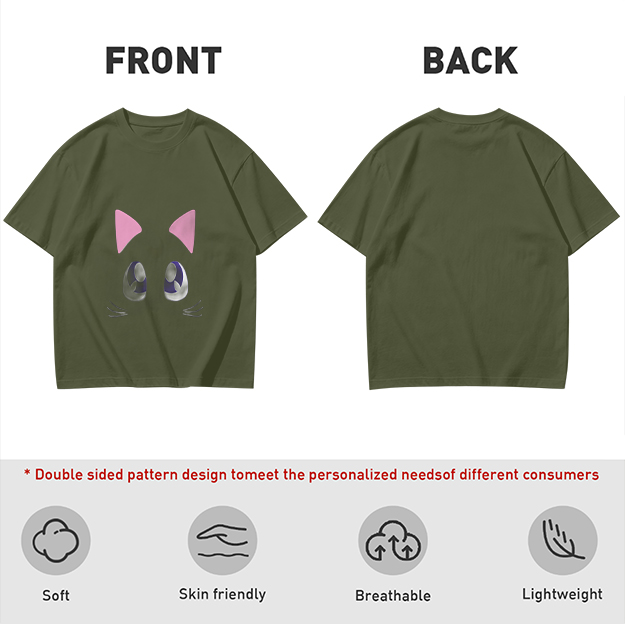Olive Green T-Shirt With Cute Cat Face Graphic Print