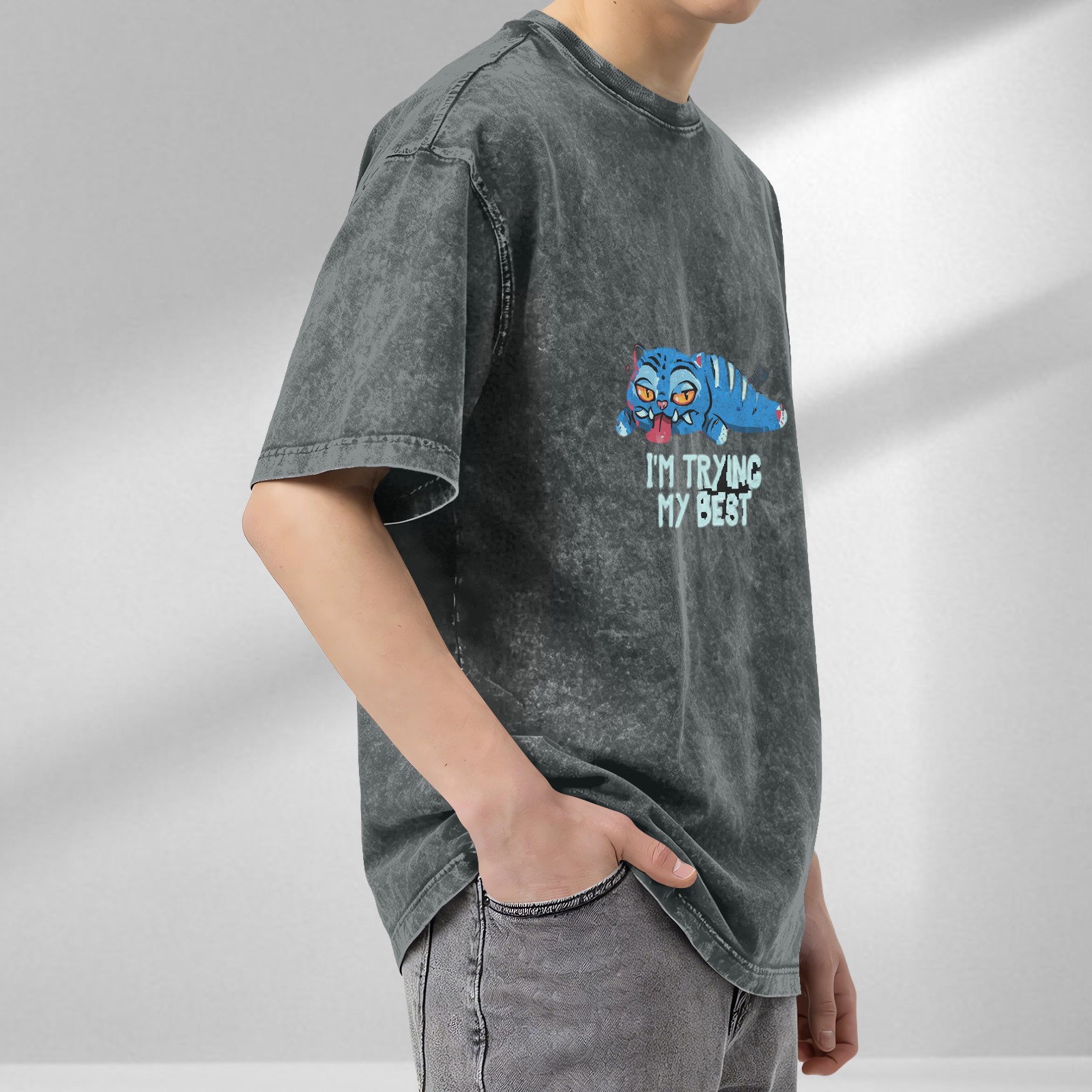 Oversized Acid Wash T-Shirt With Lazy Blue Cat 'I'm Trying My Best' Print