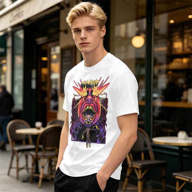 Olive t-shirt with surreal demon and ghost graphic print