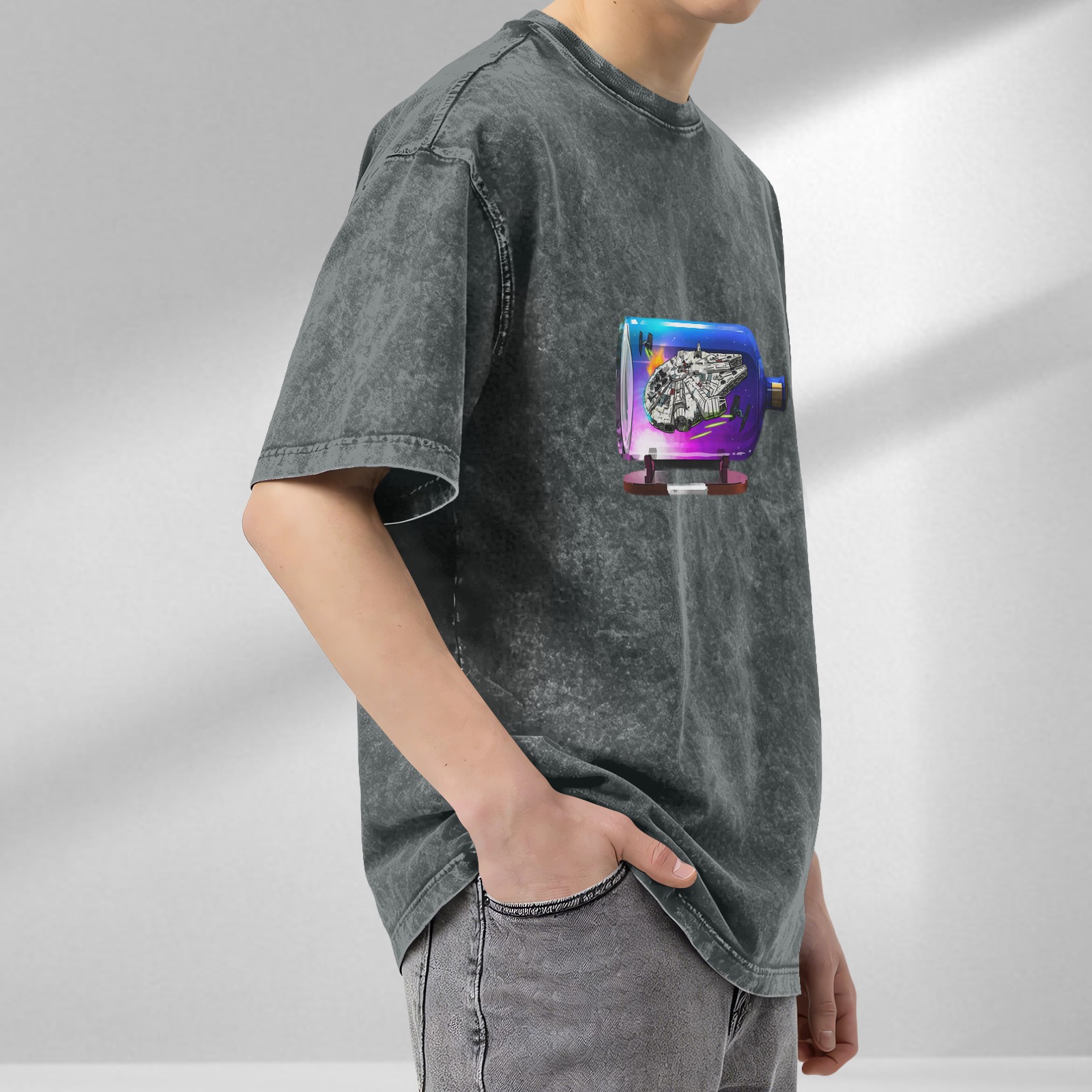Oversized Acid Wash T-Shirt with Spaceship in Bottle Graphic