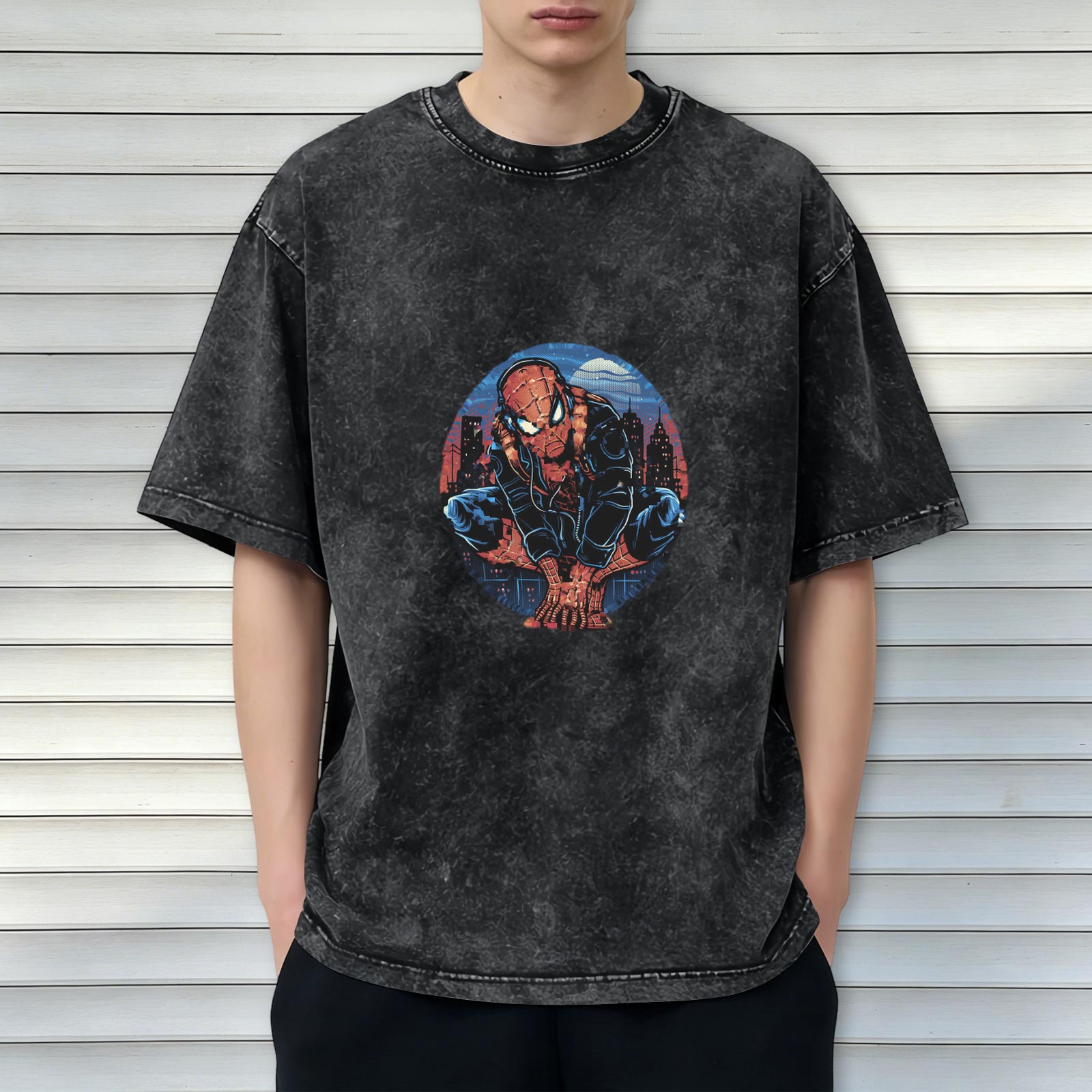 Oversized Acid Wash T-Shirt with Spider-Man Cityscape Graphic